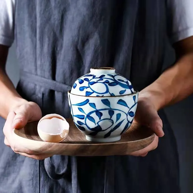 Akari Blue and White Japanese Soup Bowl with Cover