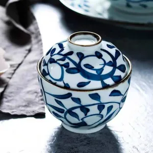 Akari Blue and White Japanese Soup Bowl with Cover