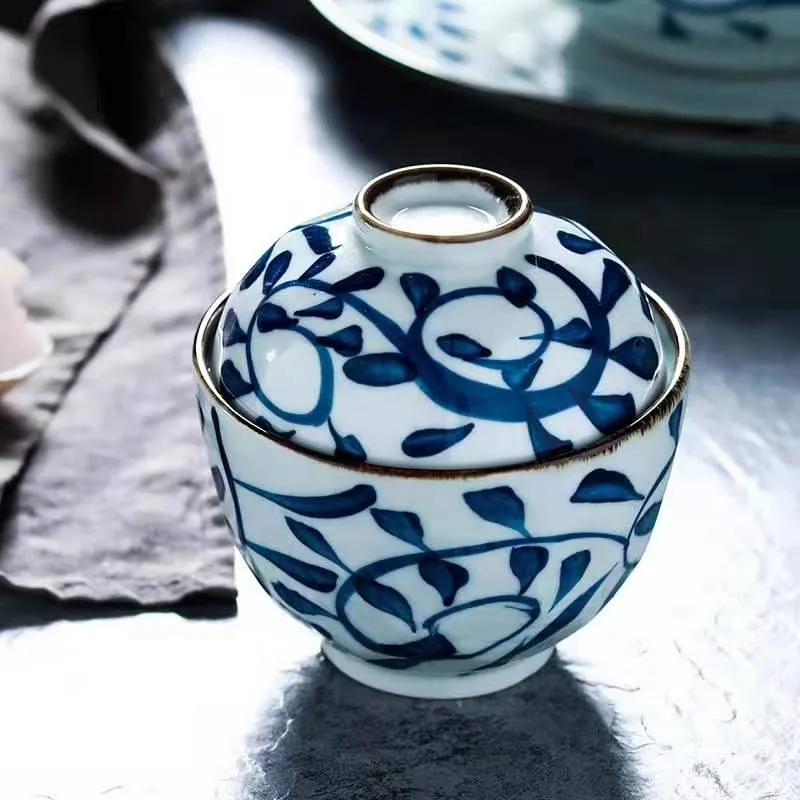Akari Blue and White Japanese Soup Bowl with Cover