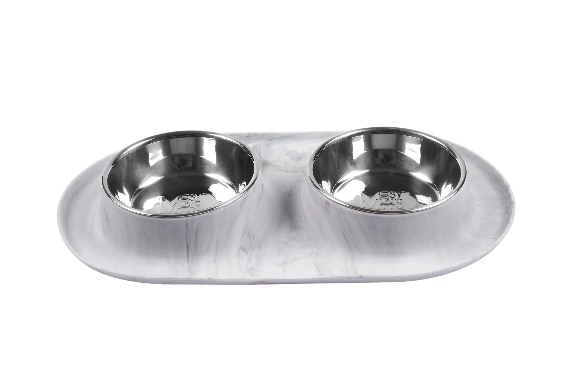 Double Silicone Dog Feeder with Stainless Bowls, Medium, 1.5 Cups Per Bowl, Marble Design