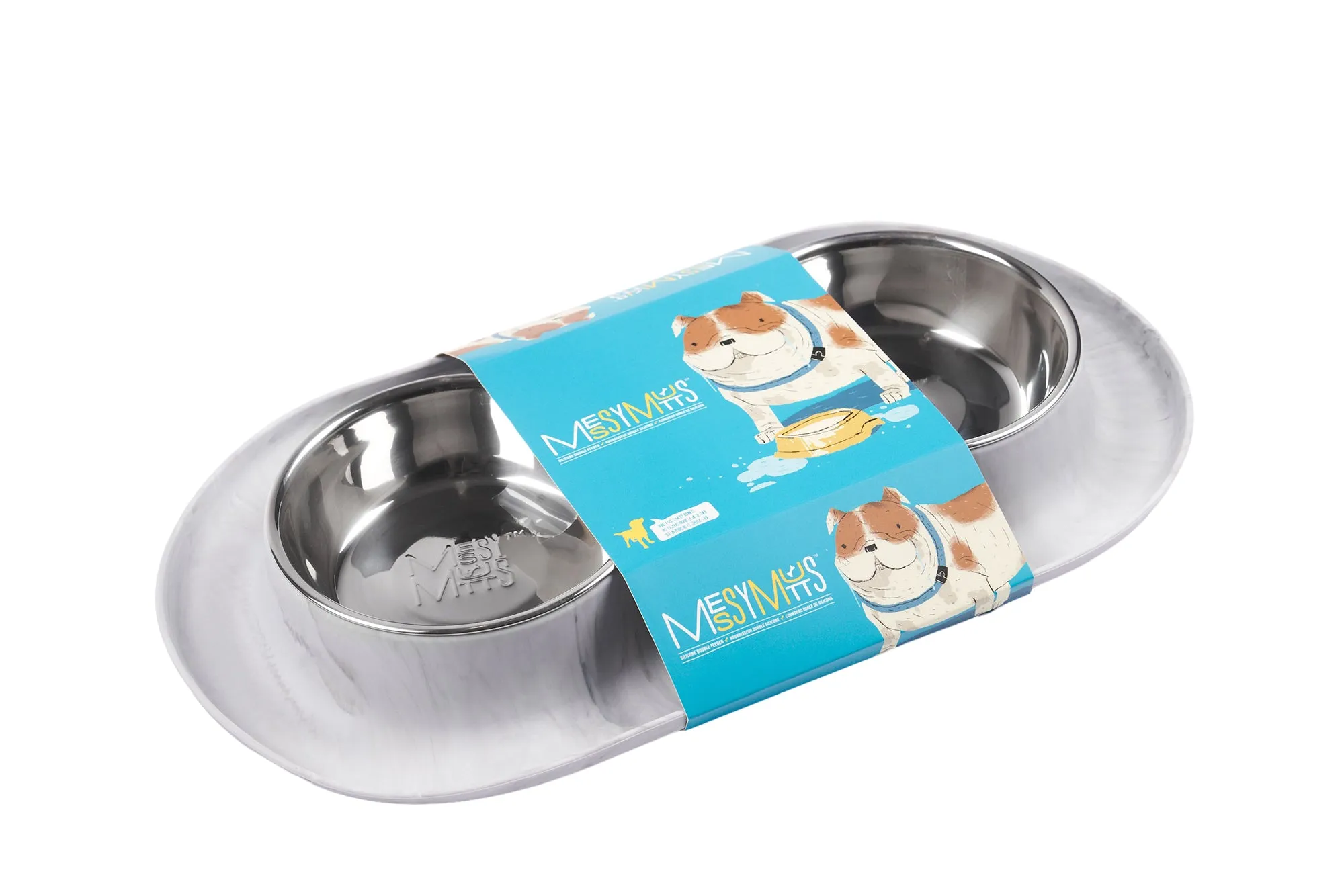Double Silicone Dog Feeder with Stainless Bowls, Medium, 1.5 Cups Per Bowl, Marble Design