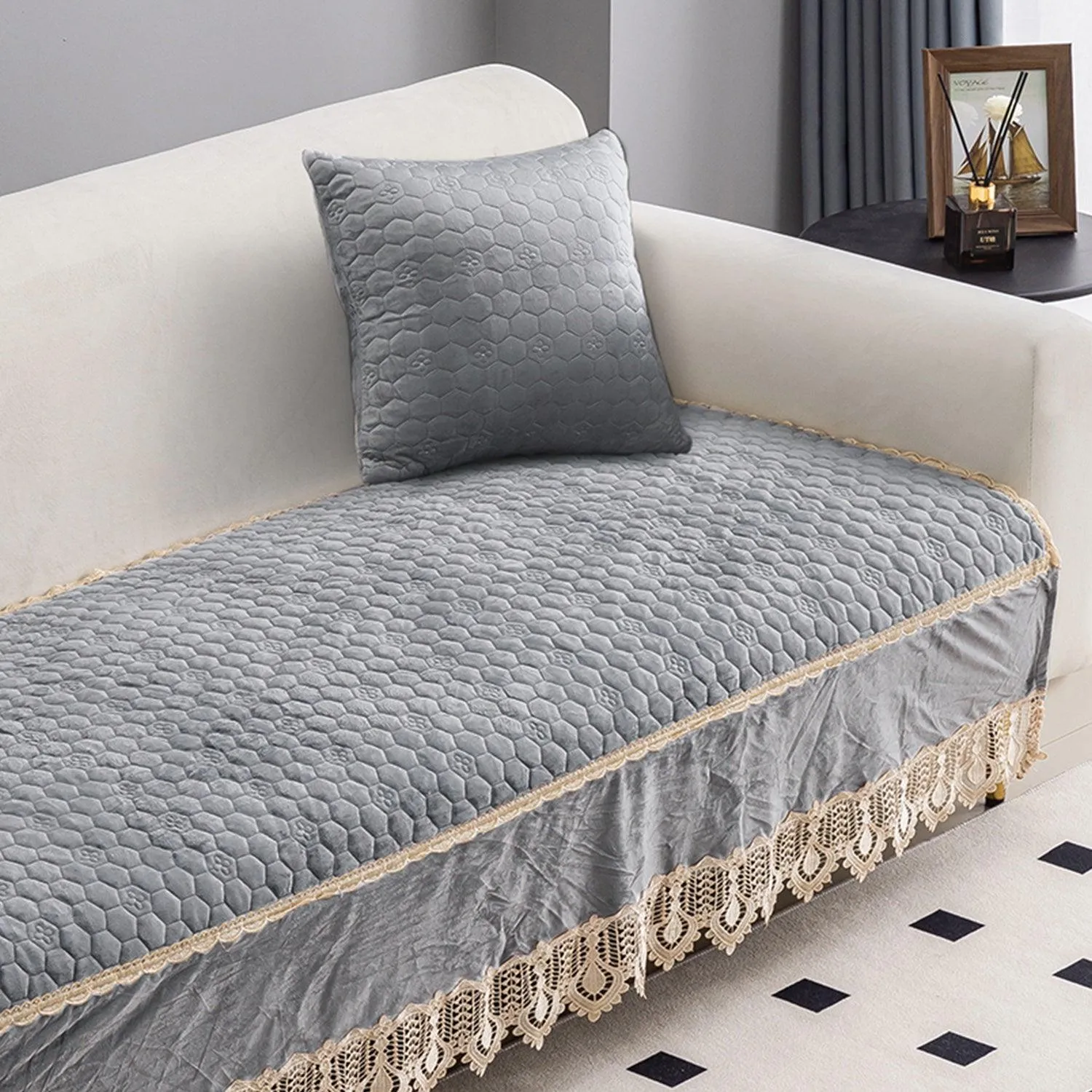 HOKIPO Premium Dutch Velvet Anti Slip Sofa Seat Mat for 1 Seater Sofa, Light Grey