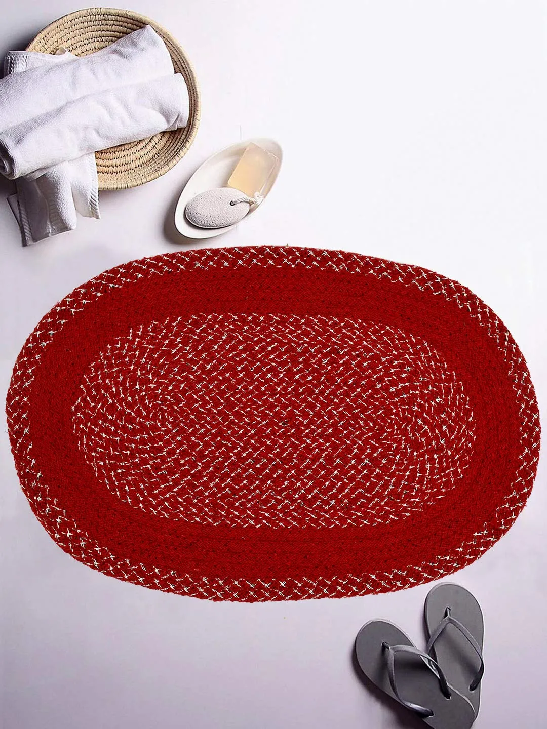 Kuber Industries Oval Design Soft Cotton Blend Anti Slip 2 Pieces Door Mat 18"x26"(Maroon) CTKTC33727