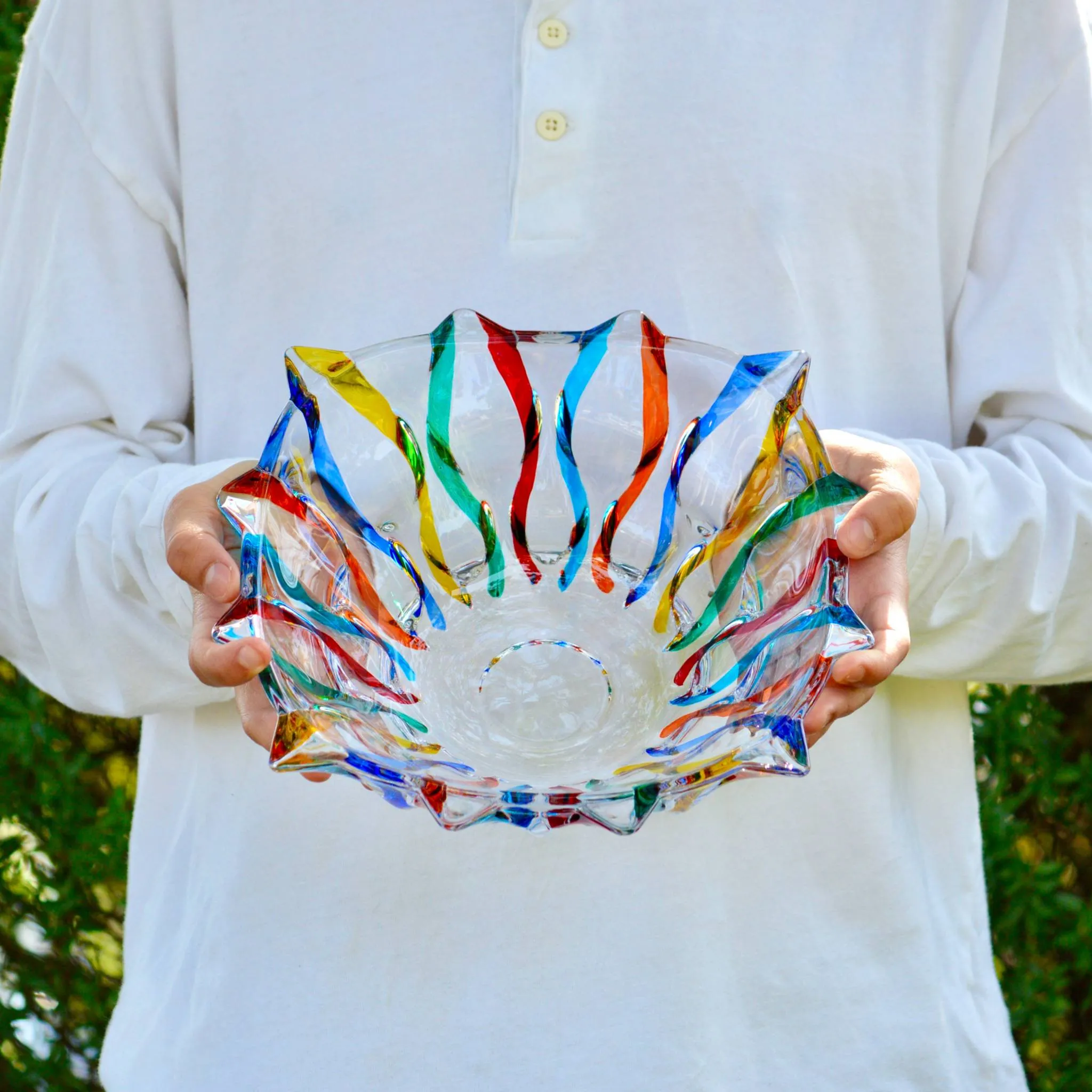 Lyrical Decorative Large Glass Bowl, Square, Hand Painted, Made In Italy
