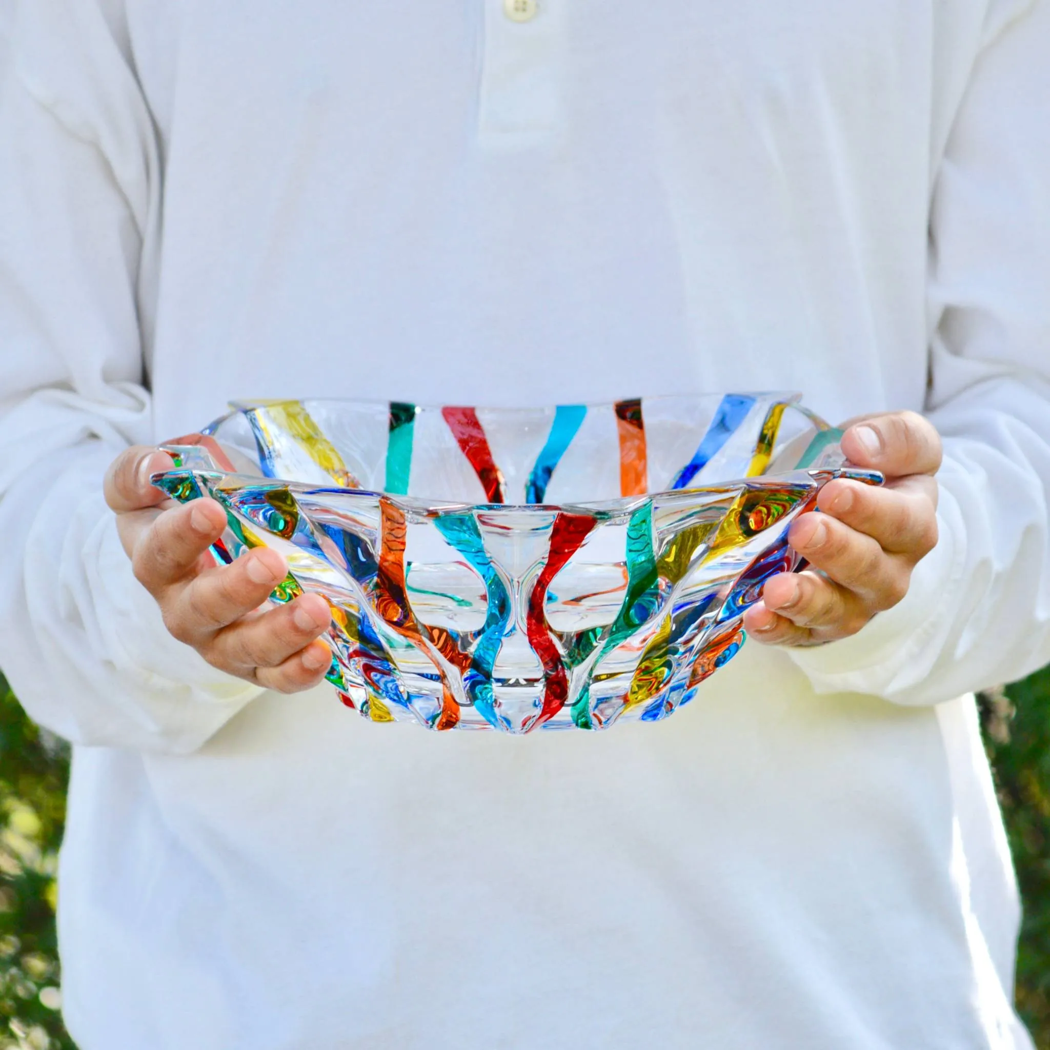 Lyrical Decorative Large Glass Bowl, Square, Hand Painted, Made In Italy