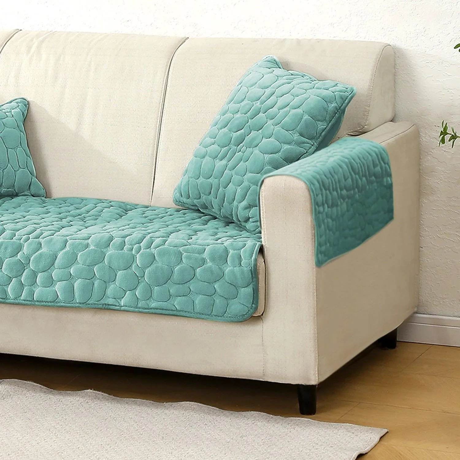 Premium Pebble Milk Velvet Anti Slip Sofa Cover Mat with 2 Armrest Cover, Fog Blue