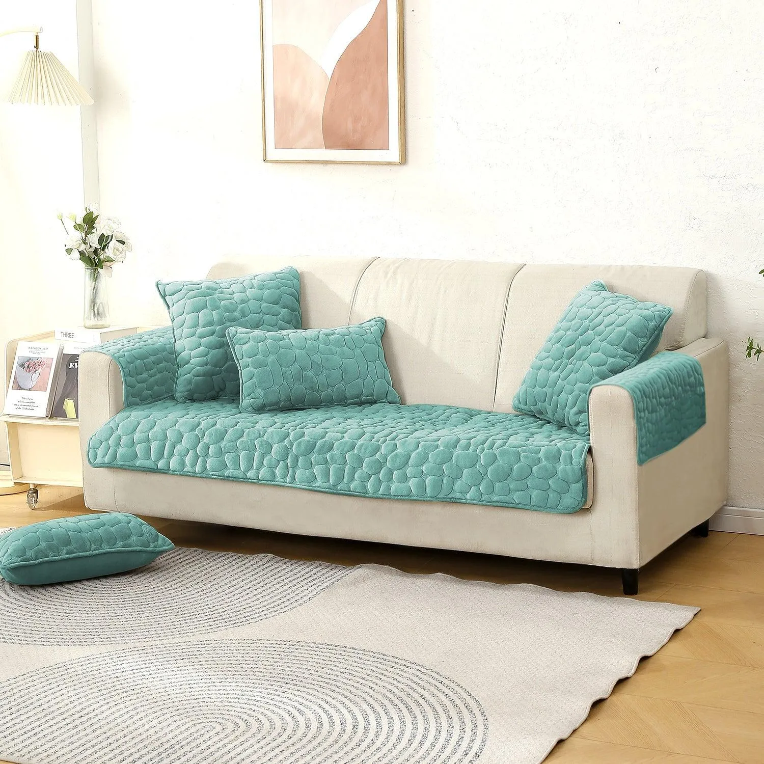 Premium Pebble Milk Velvet Anti Slip Sofa Cover Mat with 2 Armrest Cover, Fog Blue