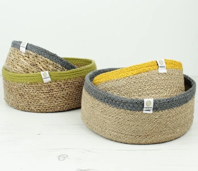 ReSpiin Grey Small Shallow Seagrass & Jute Basket