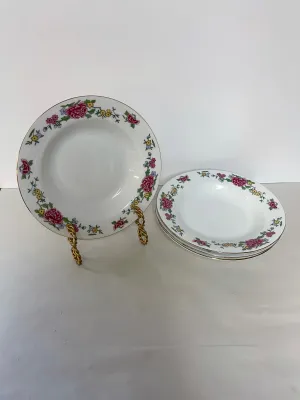 (v) € Vintage Set/4 8” Salad/Soup/Serving Bowls White & Bright Floral Design