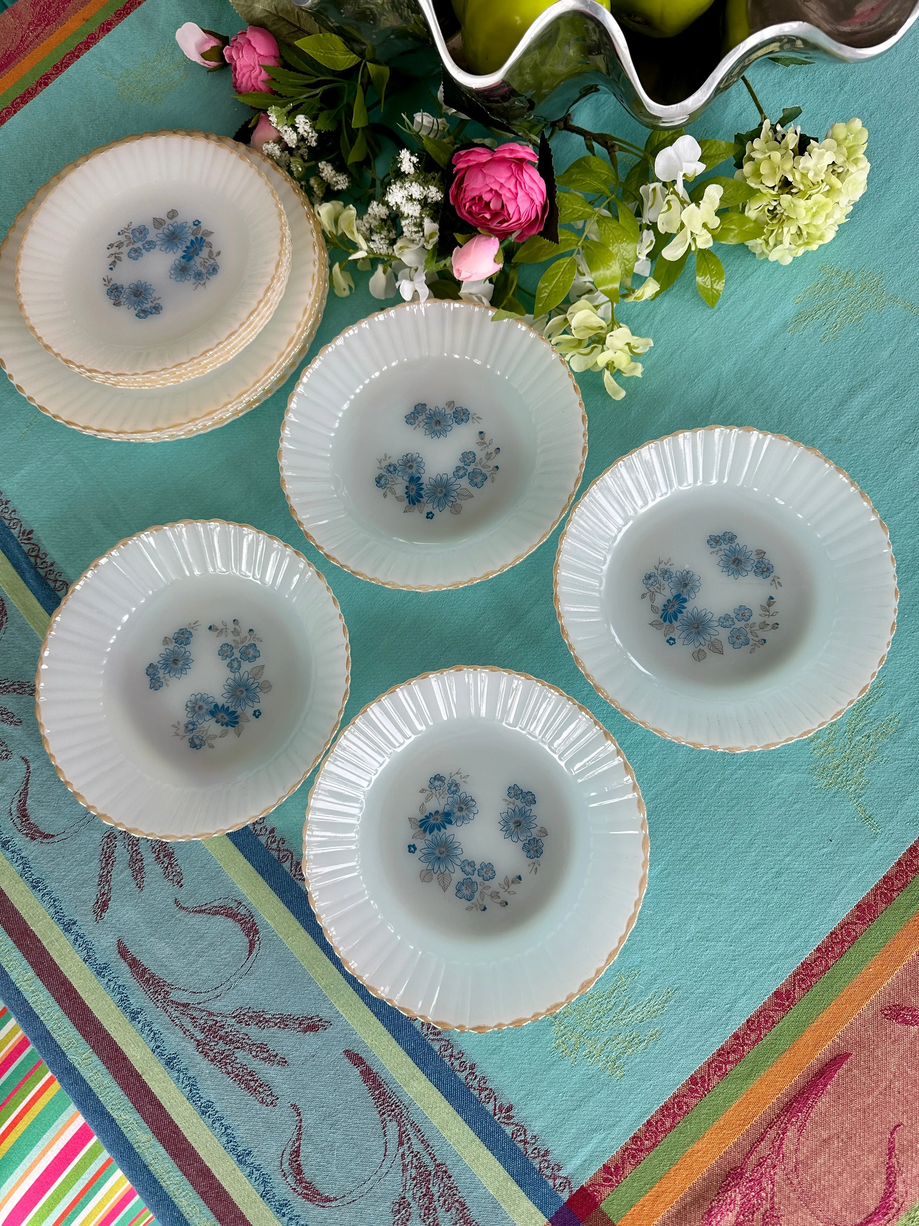 Vintage Milk Glass Blue flower Dishes Gold Rim, Termocrisa, Mexico Set of 12