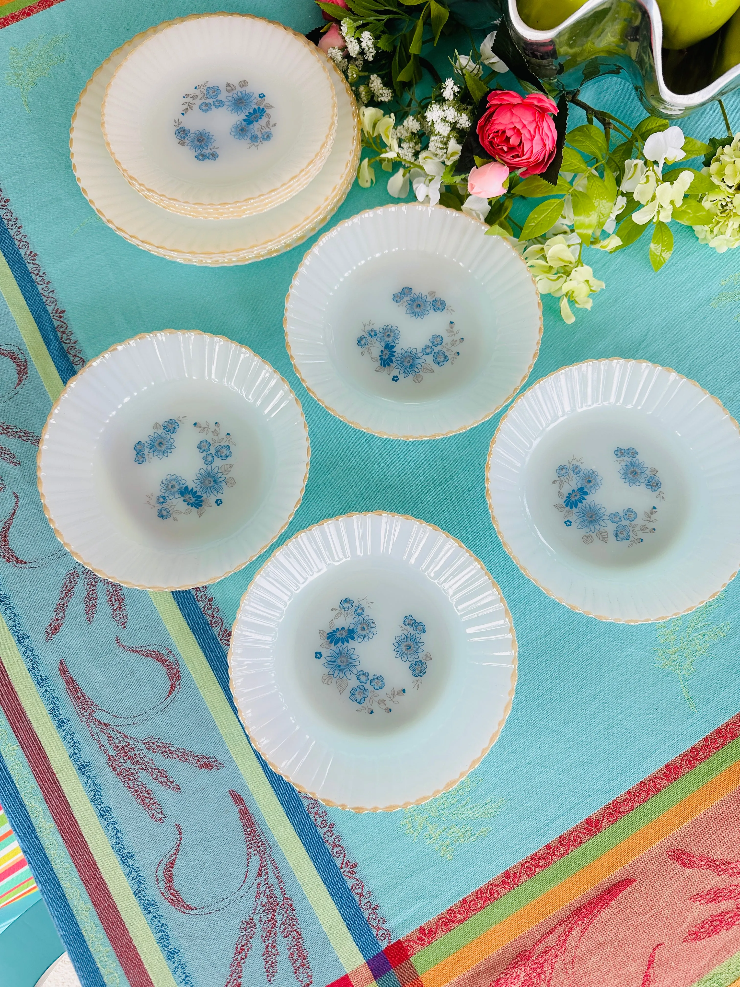 Vintage Milk Glass Blue flower Dishes Gold Rim, Termocrisa, Mexico Set of 12