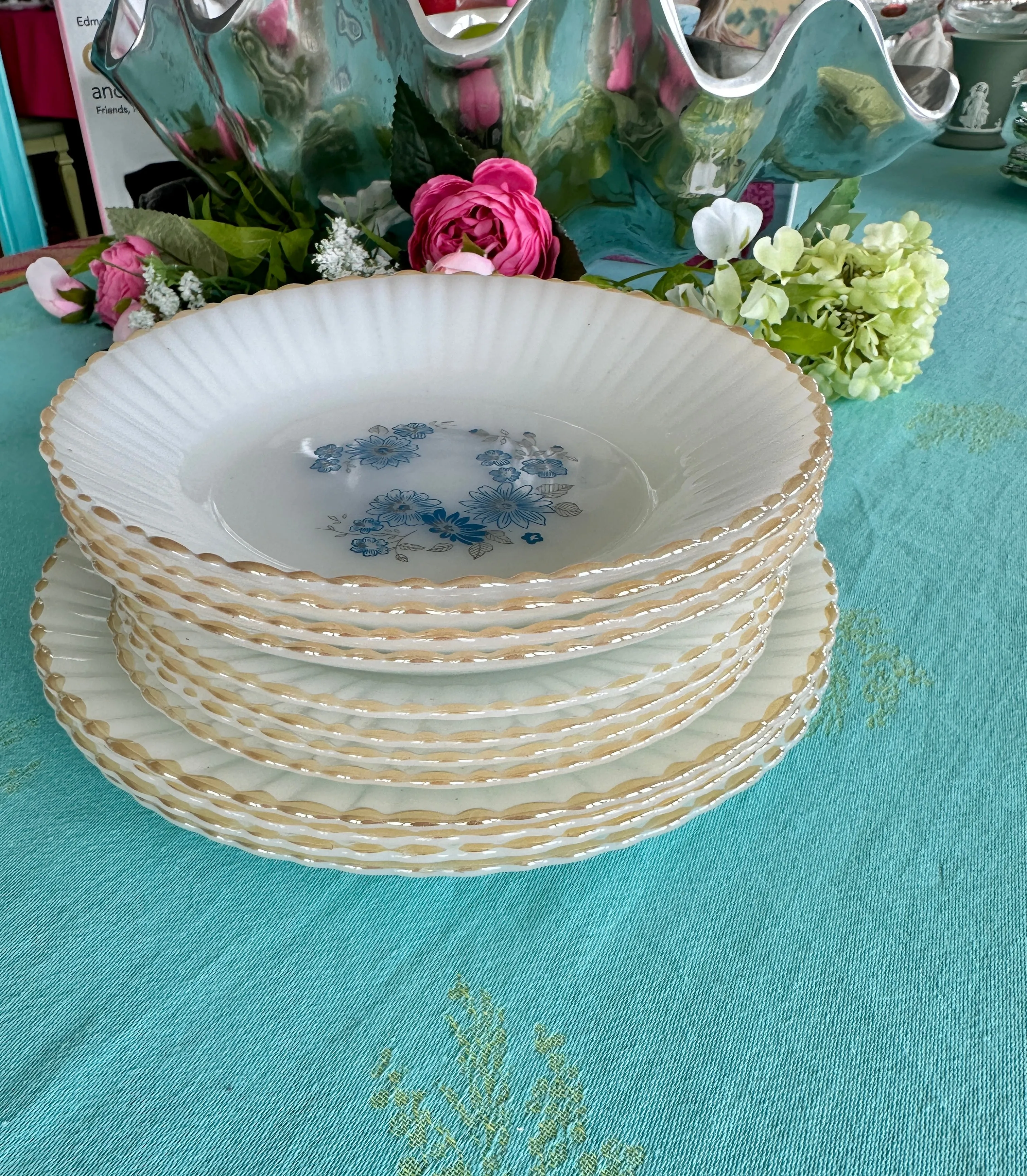 Vintage Milk Glass Blue flower Dishes Gold Rim, Termocrisa, Mexico Set of 12