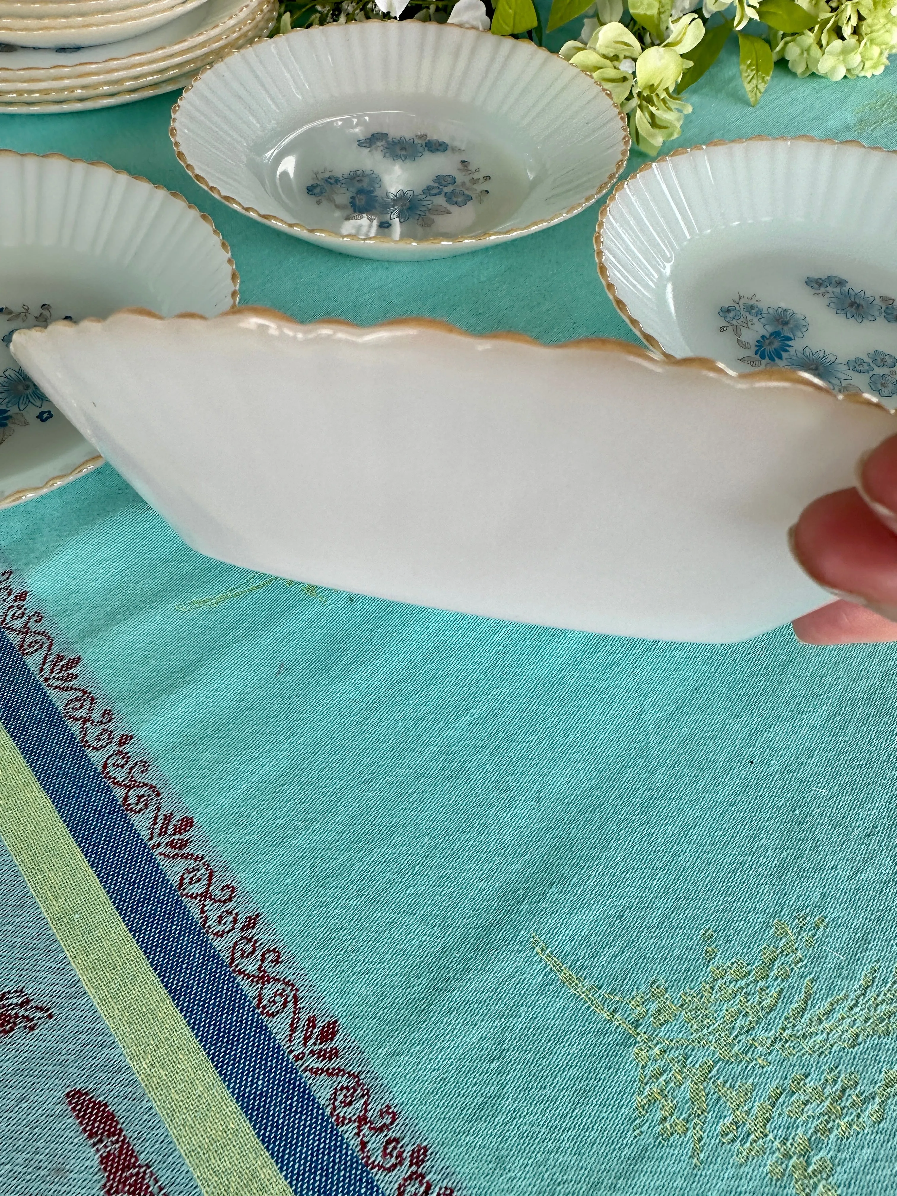 Vintage Milk Glass Blue flower Dishes Gold Rim, Termocrisa, Mexico Set of 12