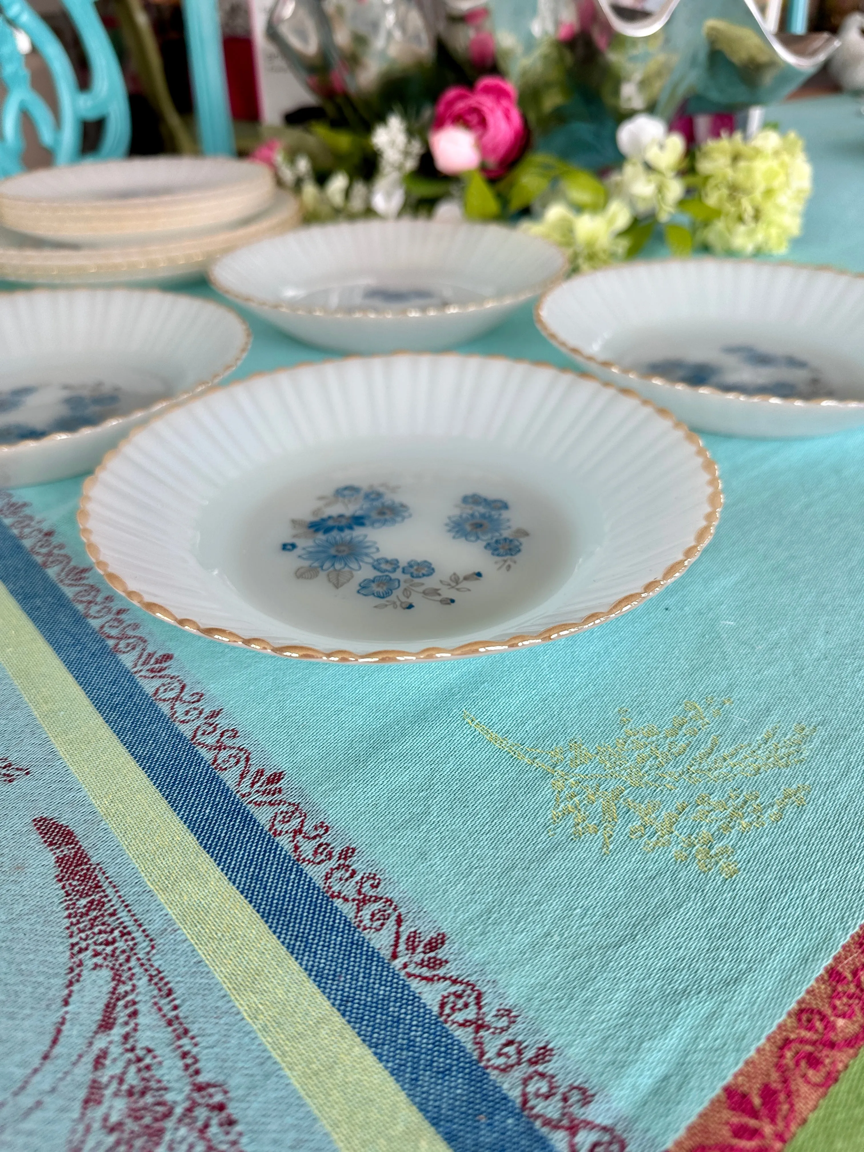 Vintage Milk Glass Blue flower Dishes Gold Rim, Termocrisa, Mexico Set of 12