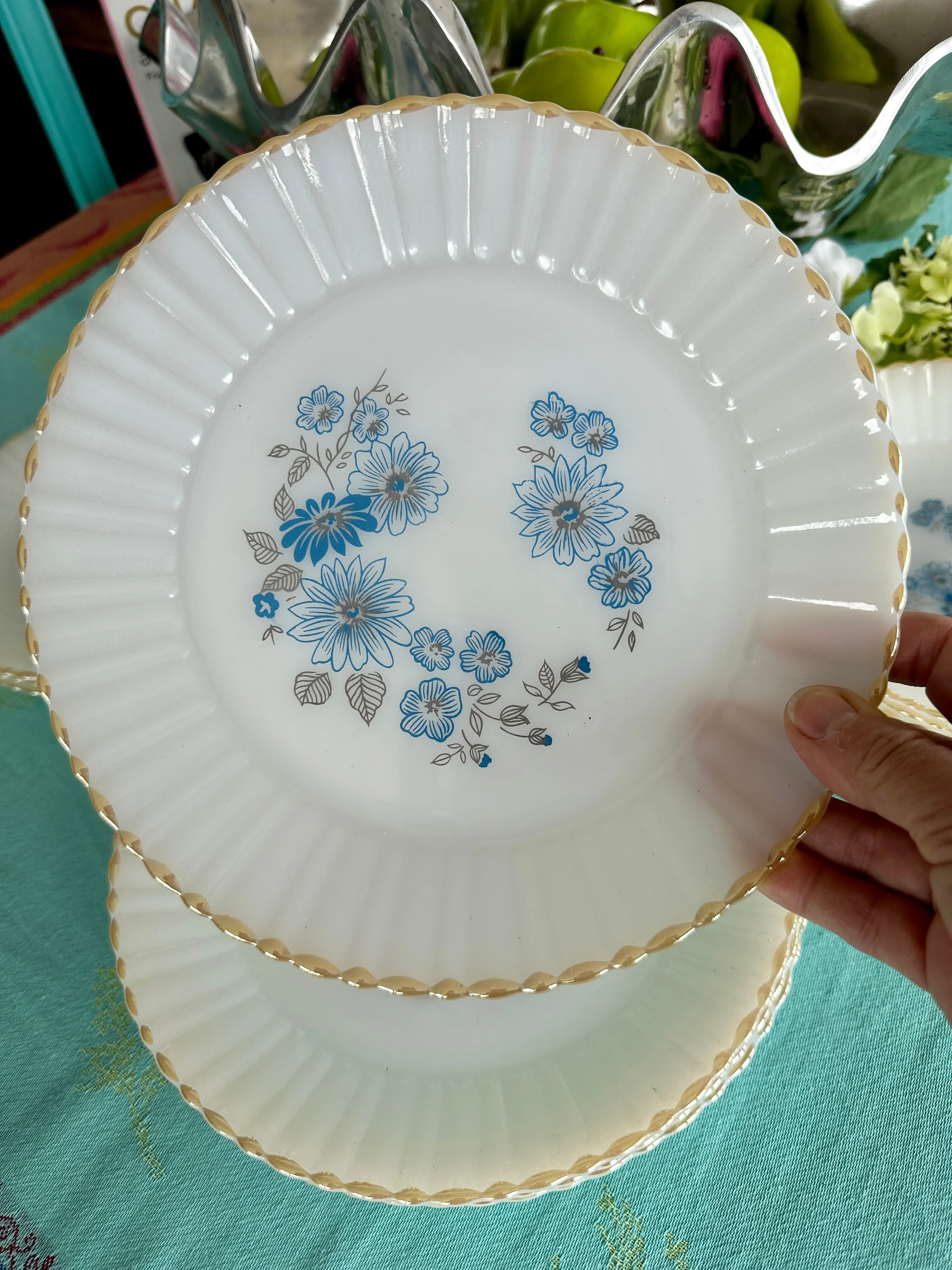 Vintage Milk Glass Blue flower Dishes Gold Rim, Termocrisa, Mexico Set of 12