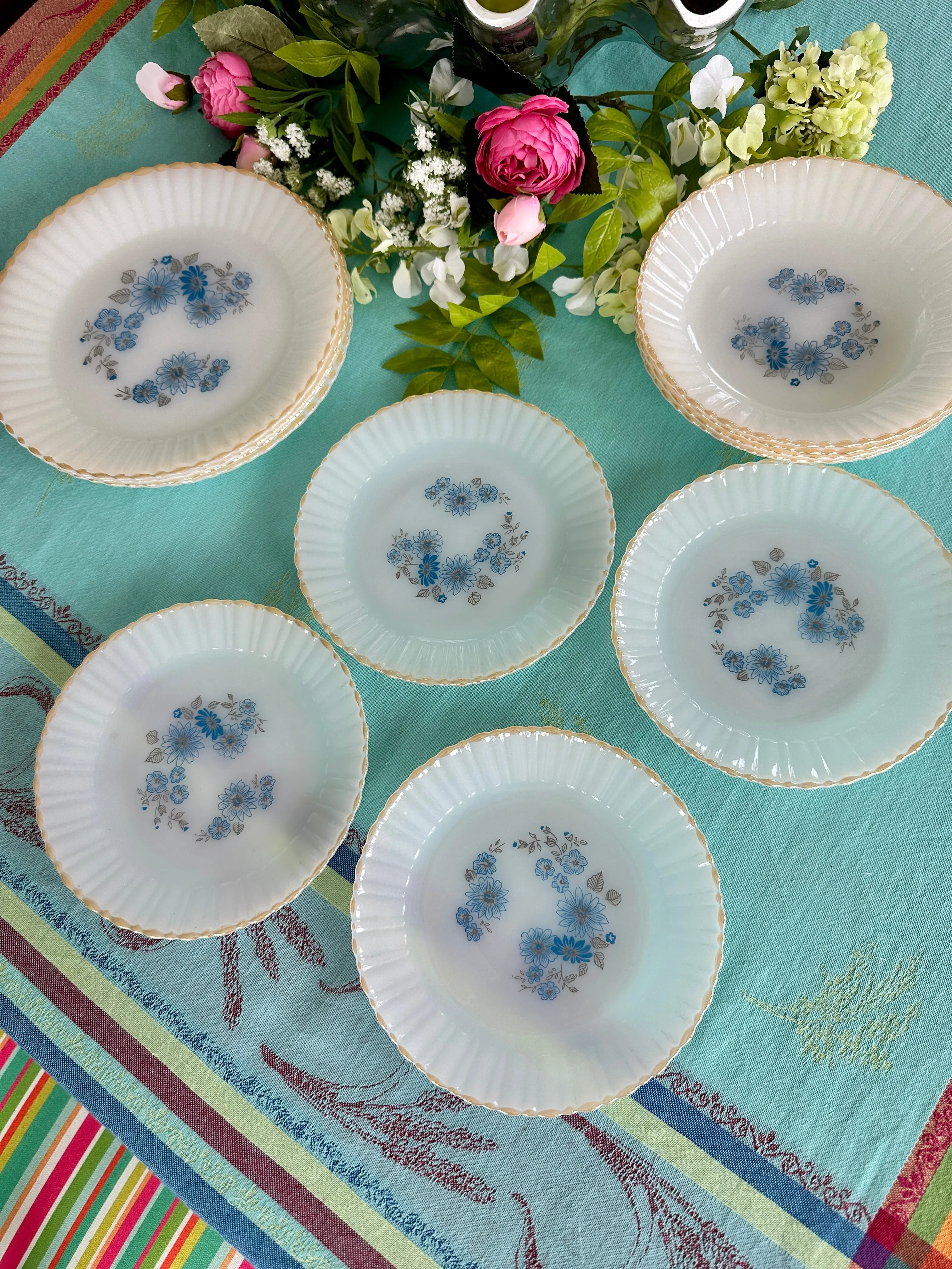 Vintage Milk Glass Blue flower Dishes Gold Rim, Termocrisa, Mexico Set of 12