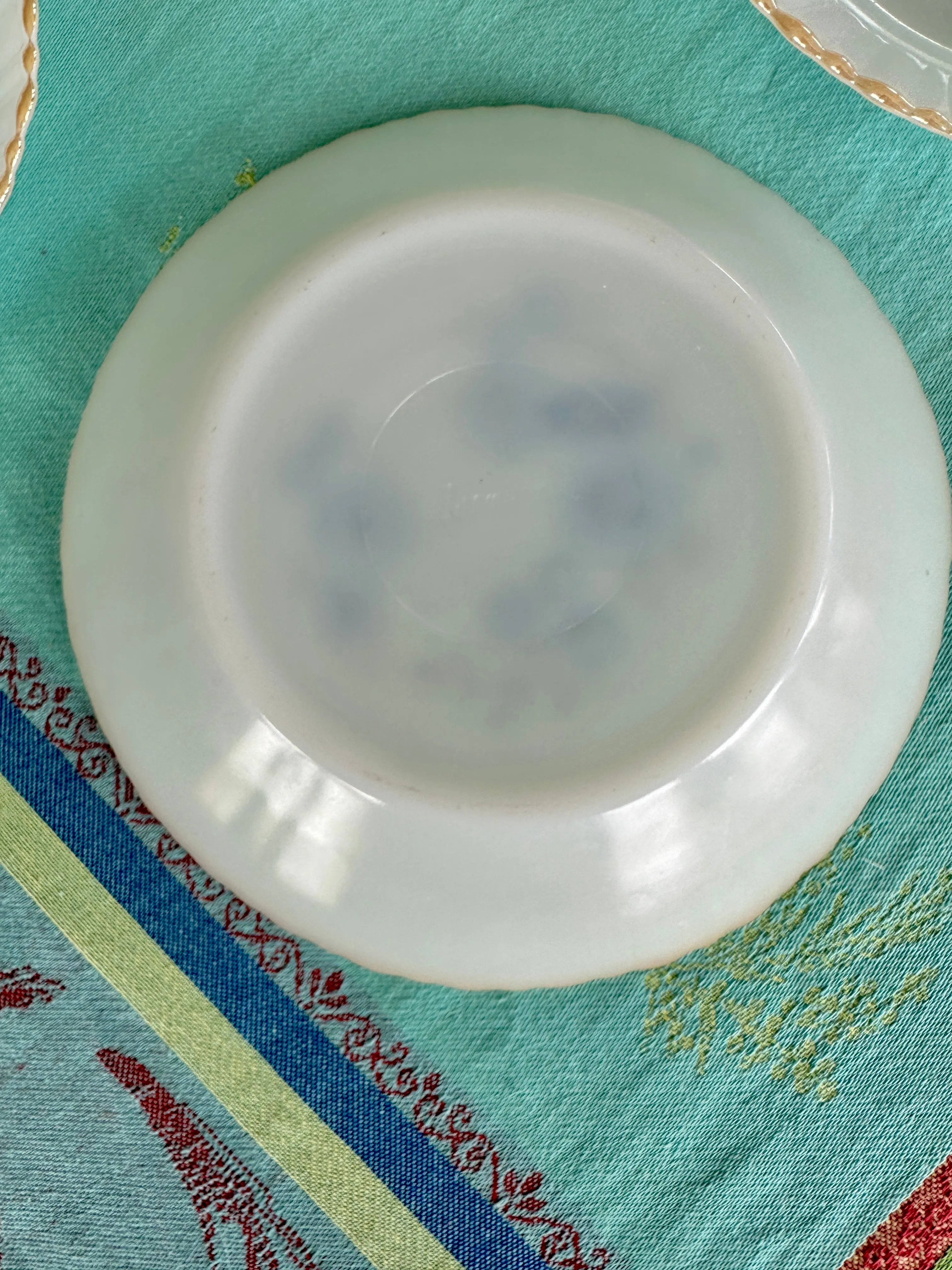 Vintage Milk Glass Blue flower Dishes Gold Rim, Termocrisa, Mexico Set of 12