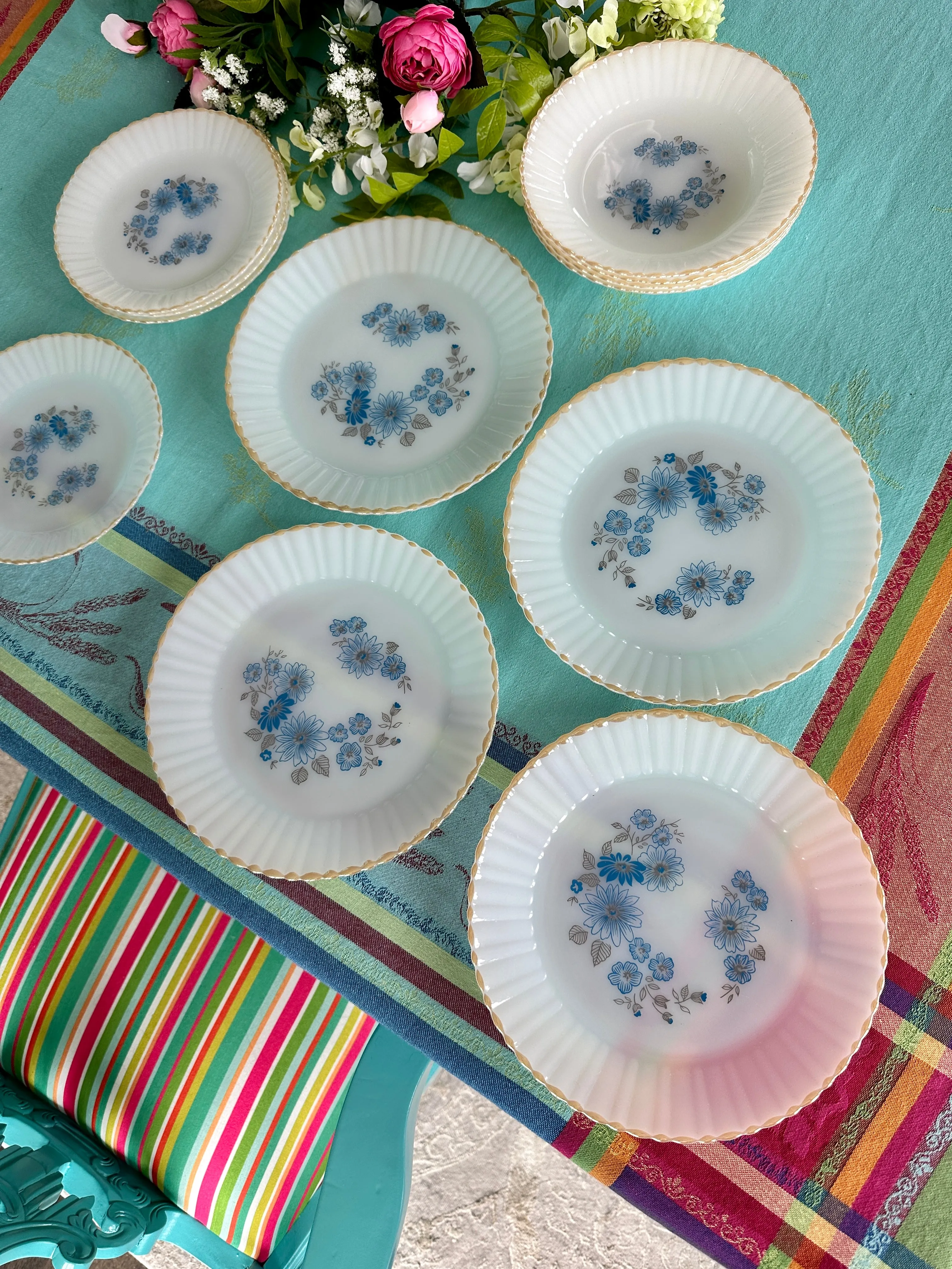 Vintage Milk Glass Blue flower Dishes Gold Rim, Termocrisa, Mexico Set of 12