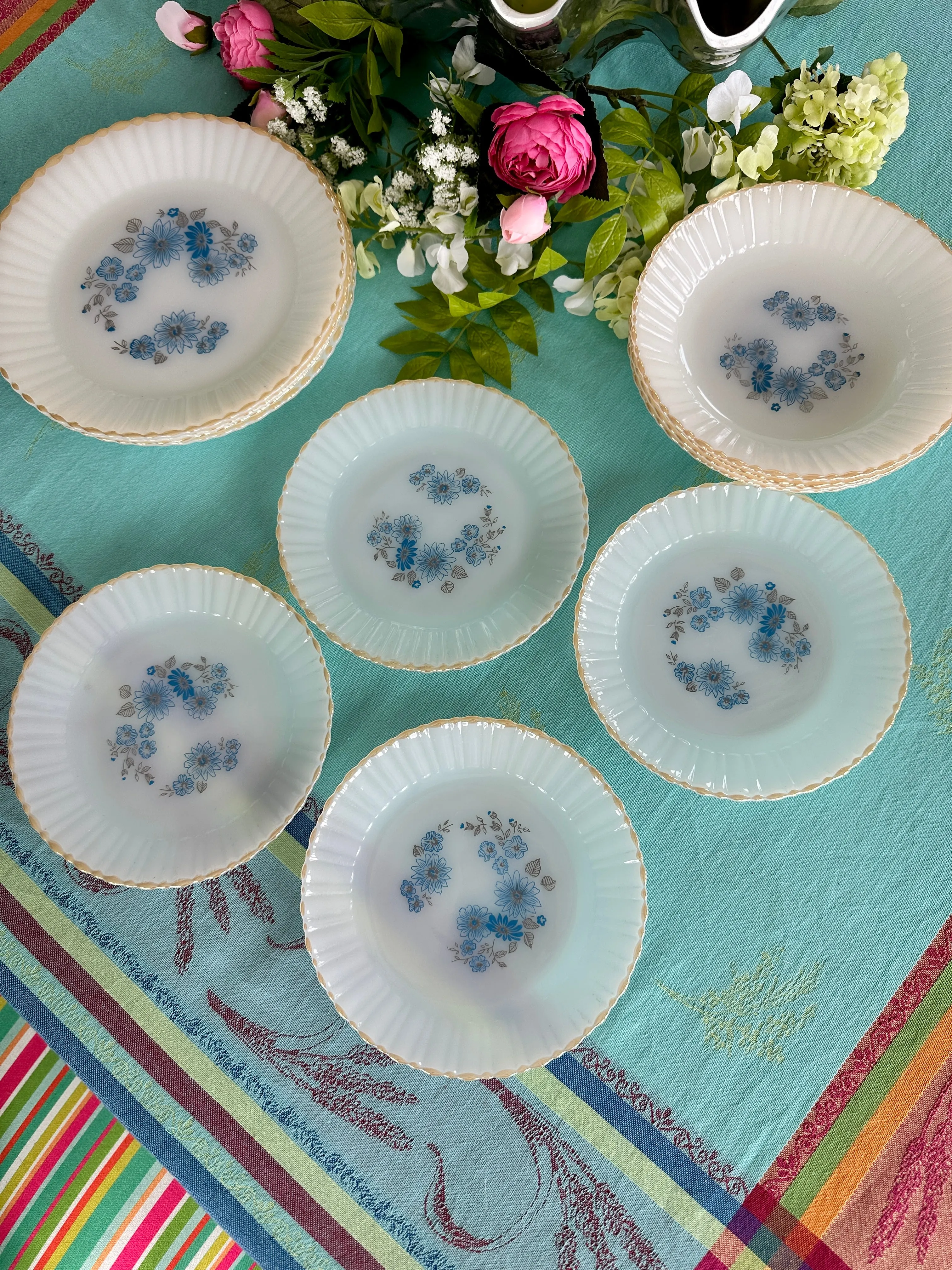 Vintage Milk Glass Blue flower Dishes Gold Rim, Termocrisa, Mexico Set of 12