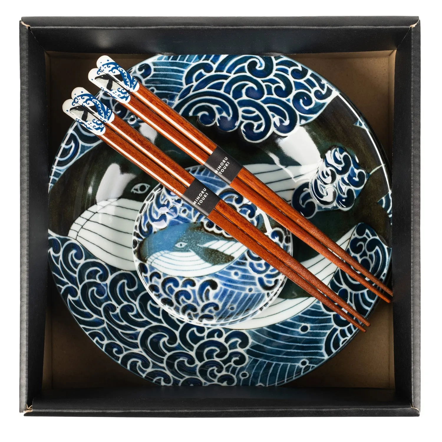 Whale Indigo Blue Ceramic Japanese Bowl Set
