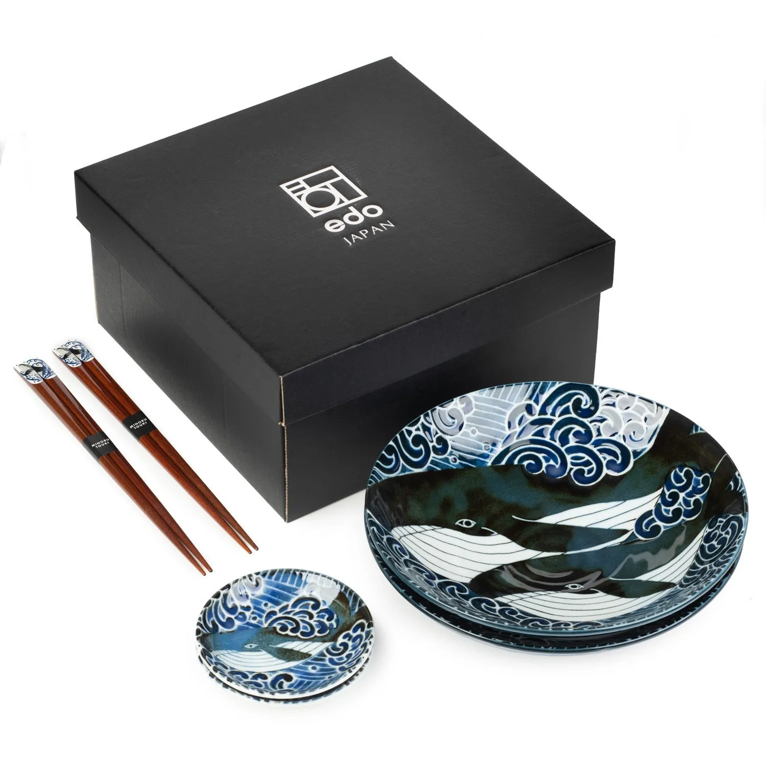 Whale Indigo Blue Ceramic Japanese Bowl Set